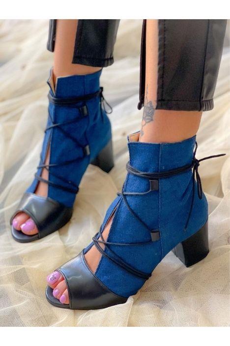 SMİLE KOT SİYAH BAGCIKLI 5 CM TOPUKLU YAZLIK BOT