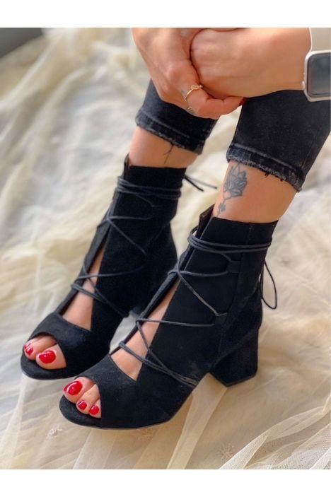SMİLE SİYAH DANA SÜET BAGCIKLI 5 CM TOPUKLU YAZLIK BOT