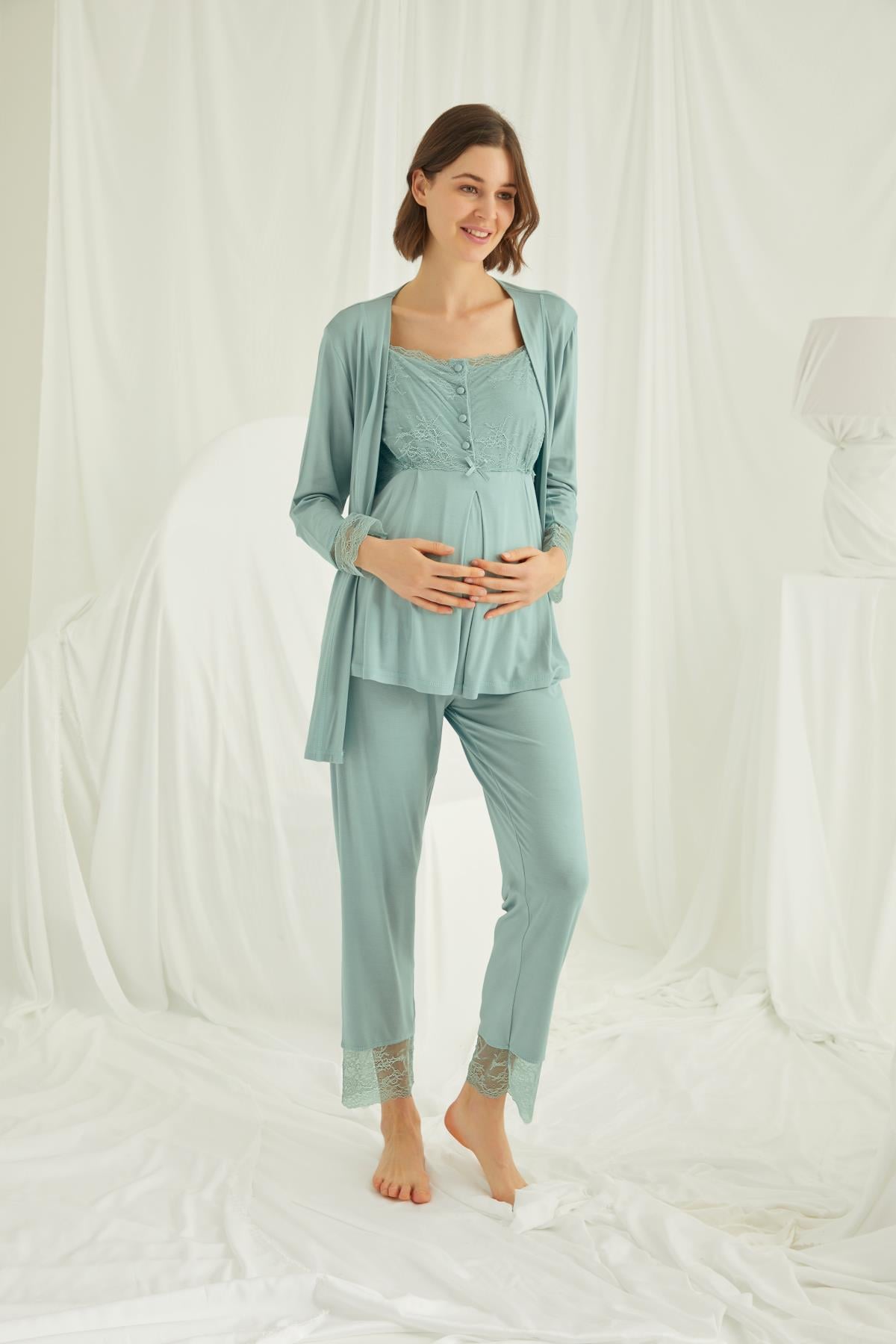 Dantelli Önü Düğmeli Hamile Lohusa 3lü Pijama Takımı