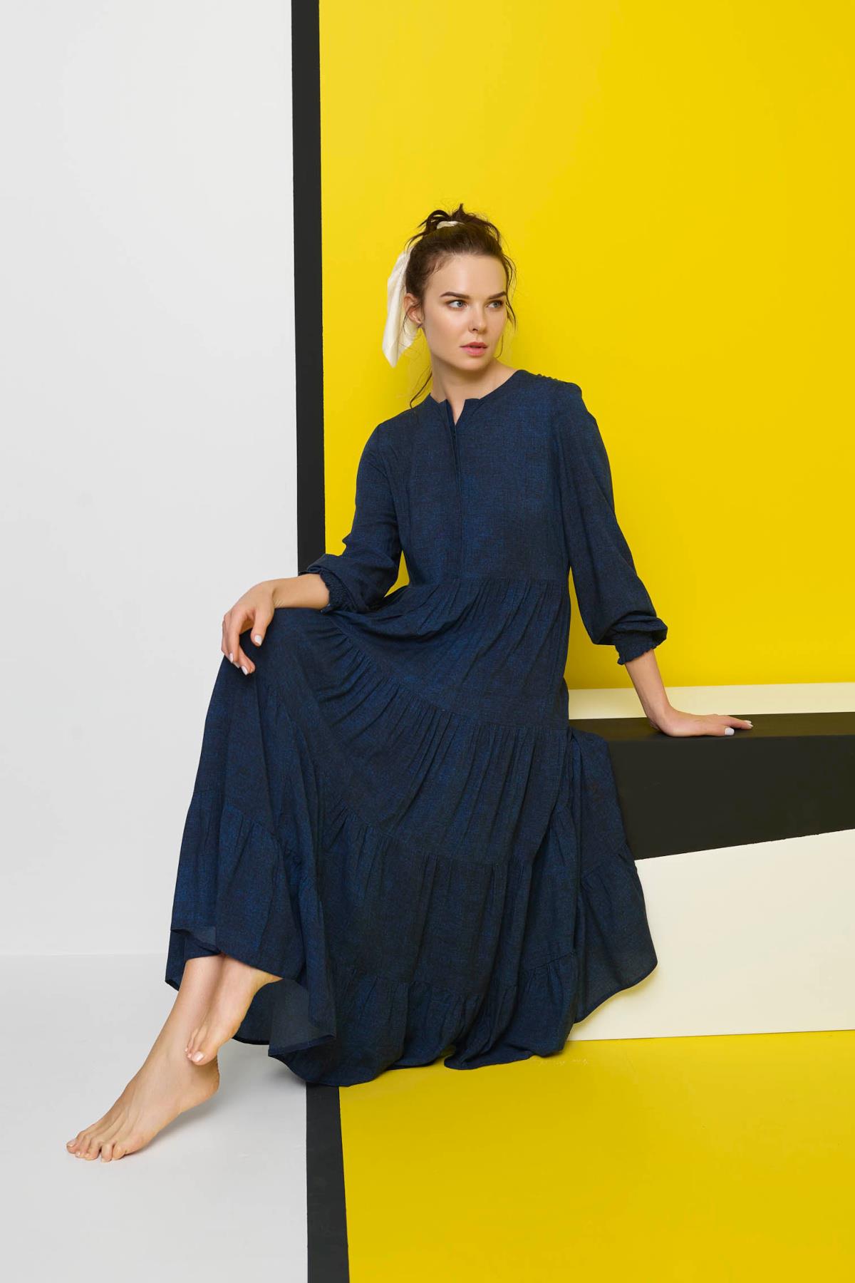 Desenli Önü Düğmeli Dökümlü Truvakar Kollu Elbise