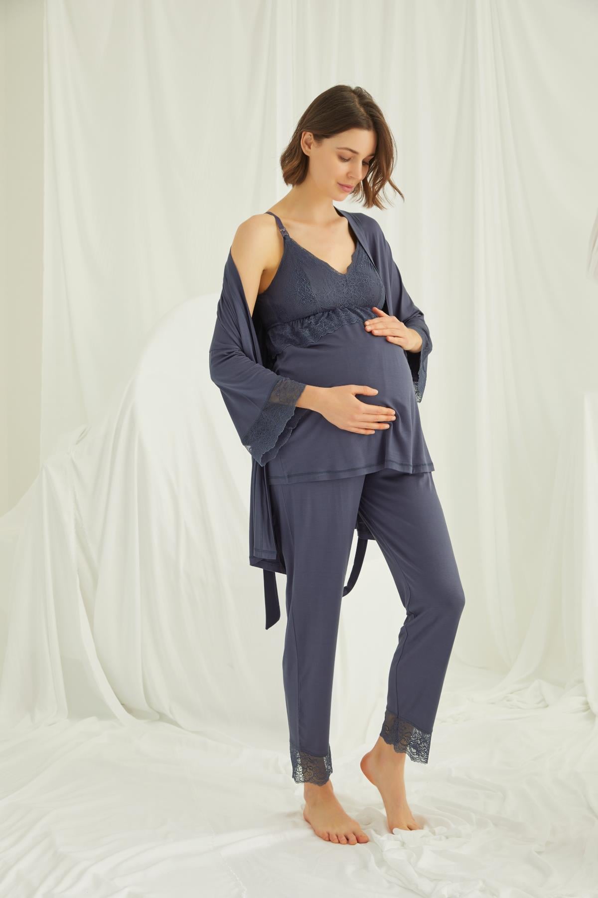 Dantelli Hamile Lohusa 3lü Pijama Takımı