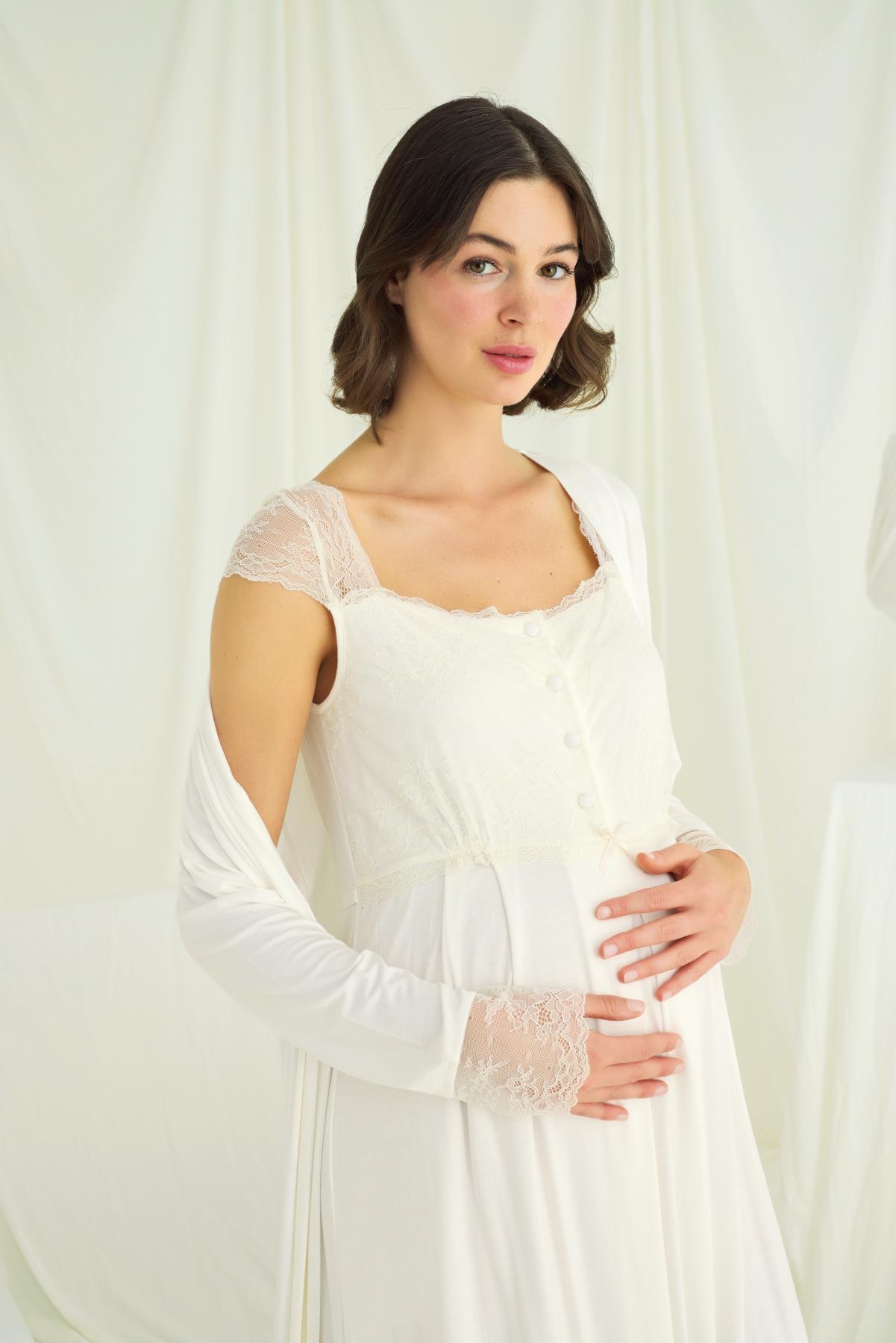 Dantelli Önü Düğmeli Hamile Lohusa Sabahlık Takımı