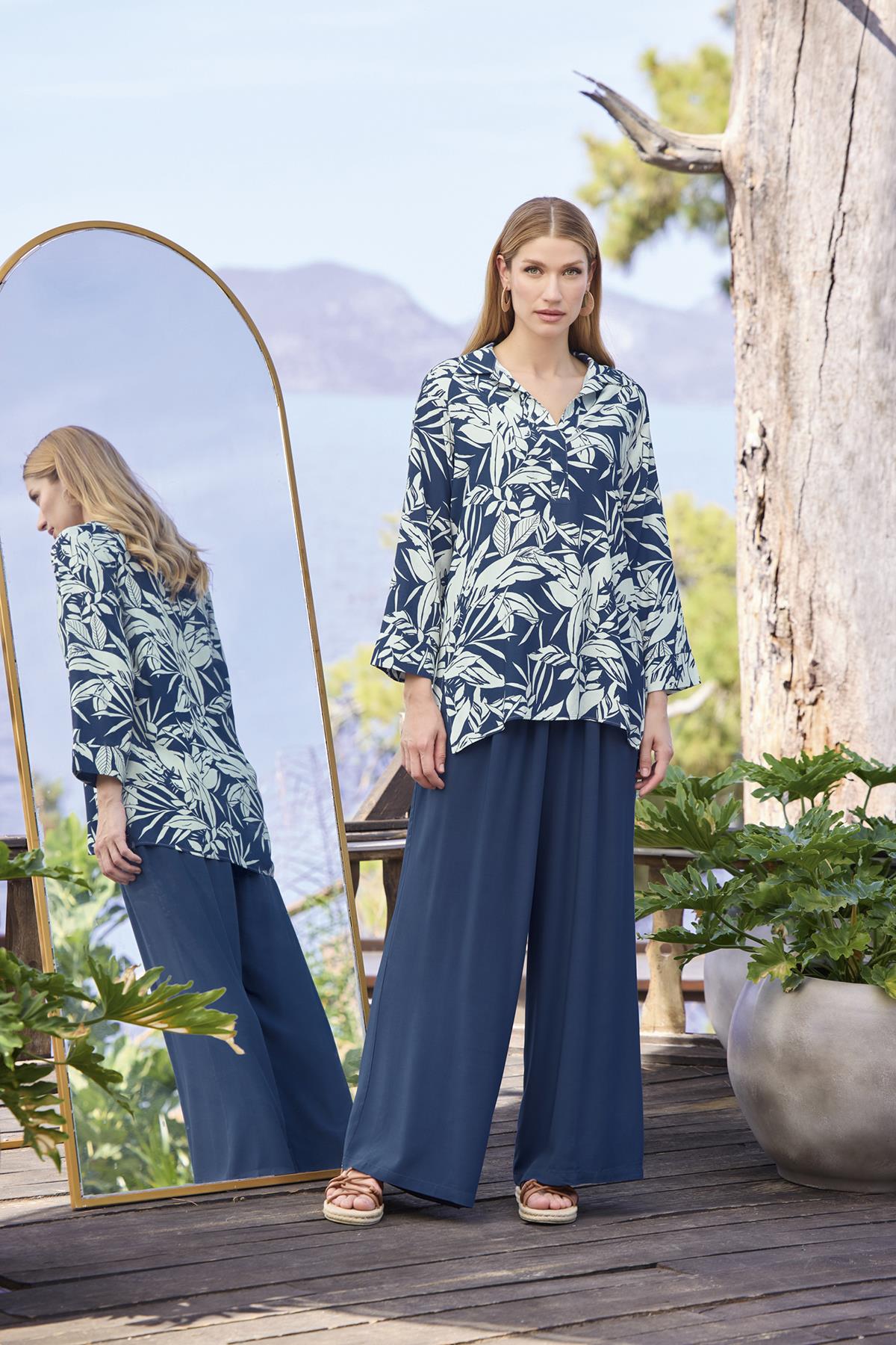 Yaprak Desenli Uzun Kollu Gömlek Yaka Alt Üst Takım