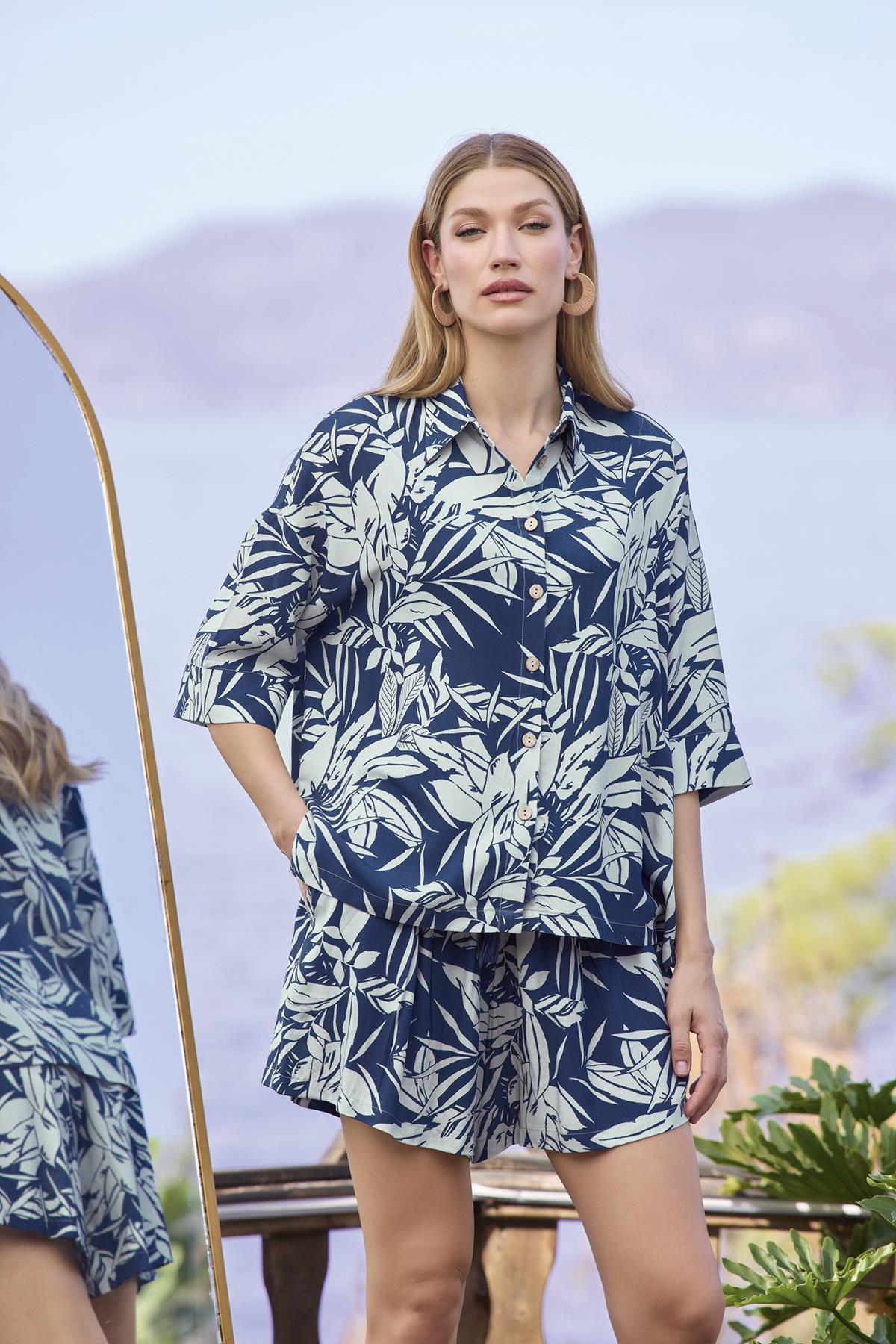 Yaprak Desenli Önü Düğmeli Gömlek Yaka Alt Üst Takım