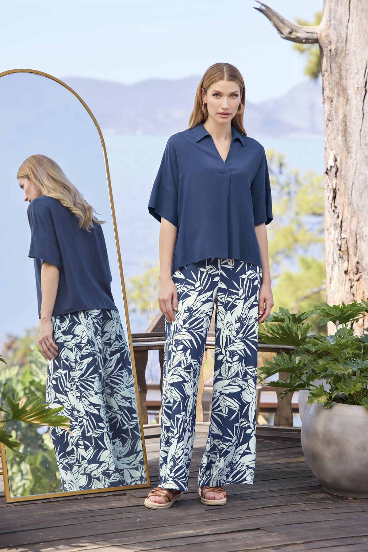 Yaprak Desenli Kısa Kollu Gömlek Yaka Alt Üst Takım