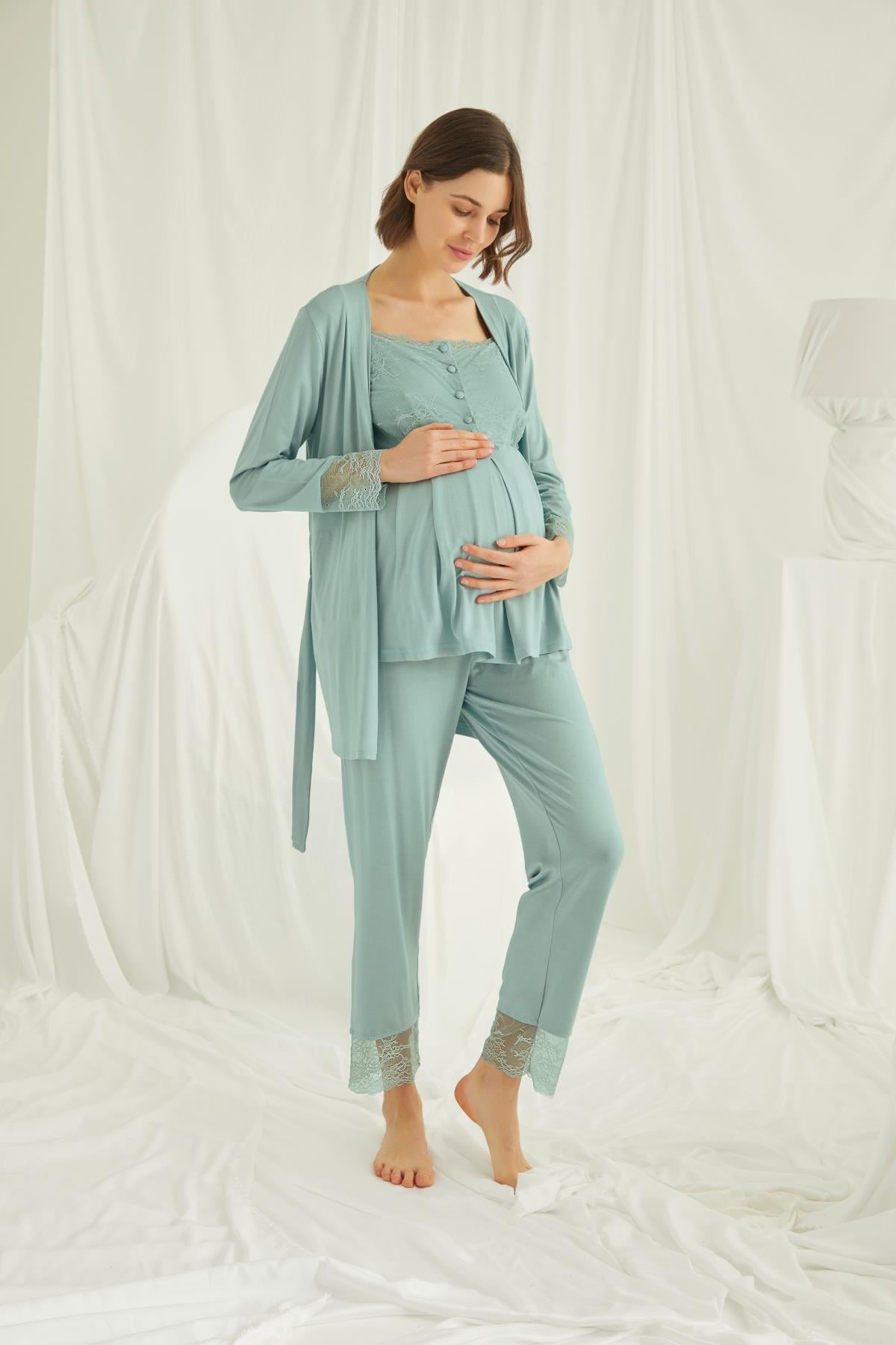 Dantelli Önü Düğmeli Hamile Lohusa 3lü Pijama Takımı