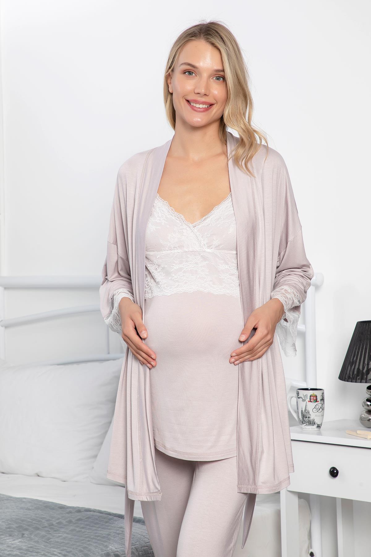 Dantelli Hamile Lohusa 3lü Pijama Takımı