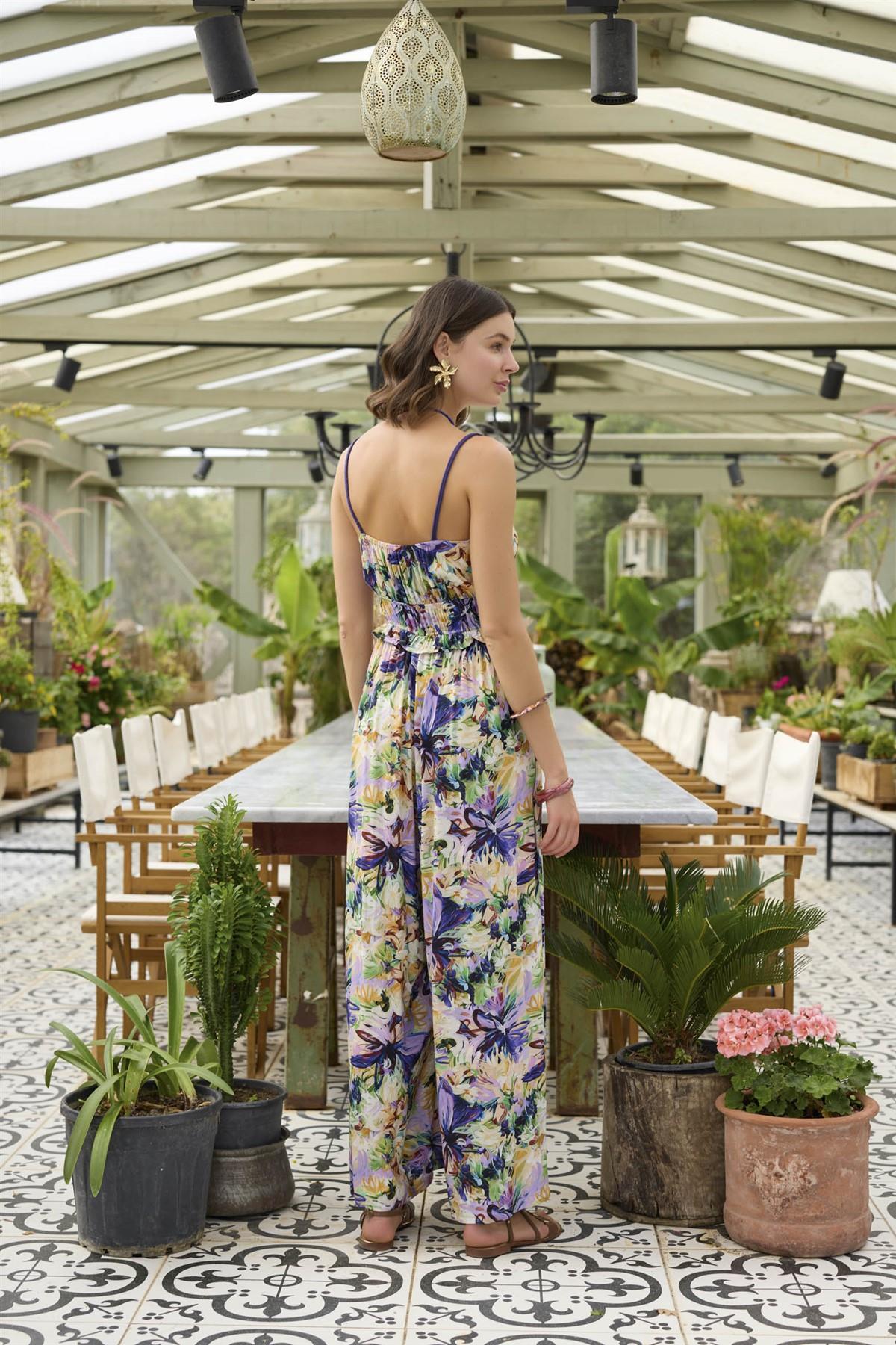 Çiçek ve Yaprak Desenli İp Askılı Tulum