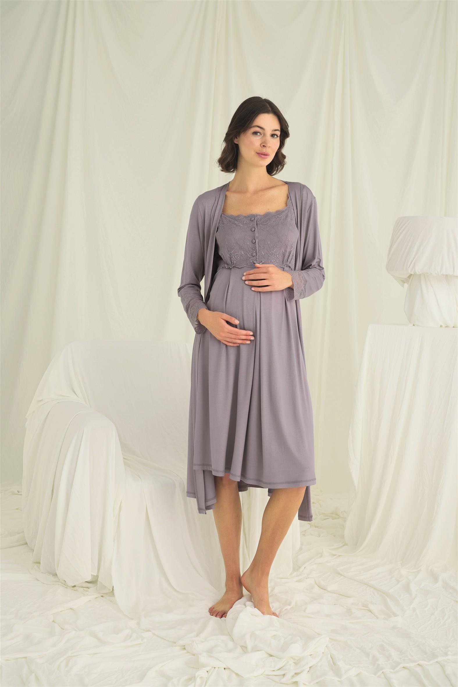 Dantelli Önü Düğmeli Hamile Lohusa Sabahlık Takımı