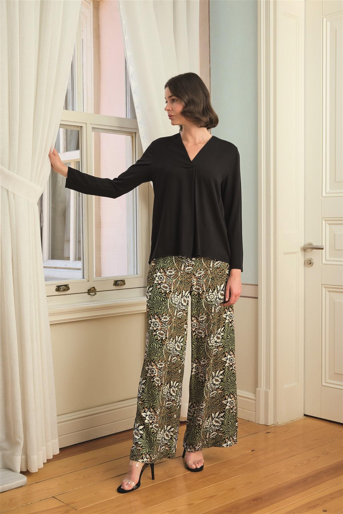 Çiçek Yaprak ve Etnik Desenli Uzun Kollu Pijama Takımı