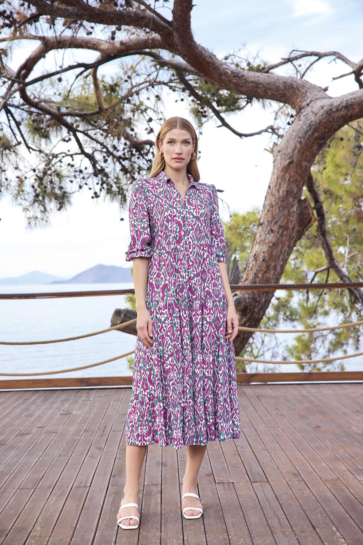 Desenli Truvakar Kollu Gömlek Yaka Elbise