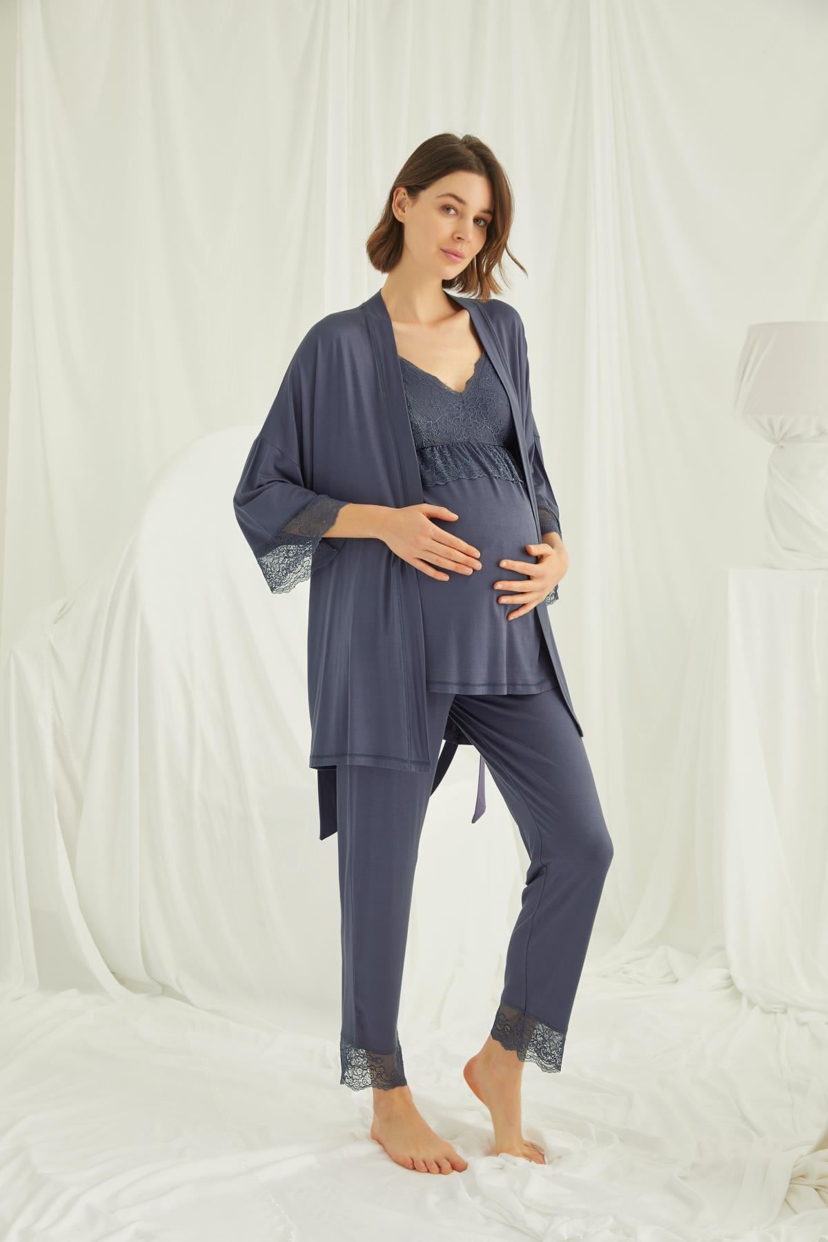 Dantelli Hamile Lohusa 3lü Pijama Takımı