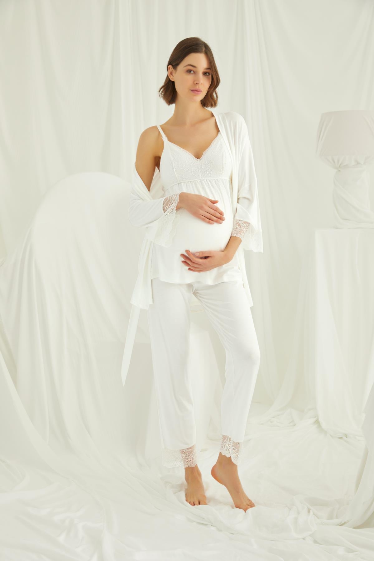 Dantelli Hamile Lohusa 3lü Pijama Takımı