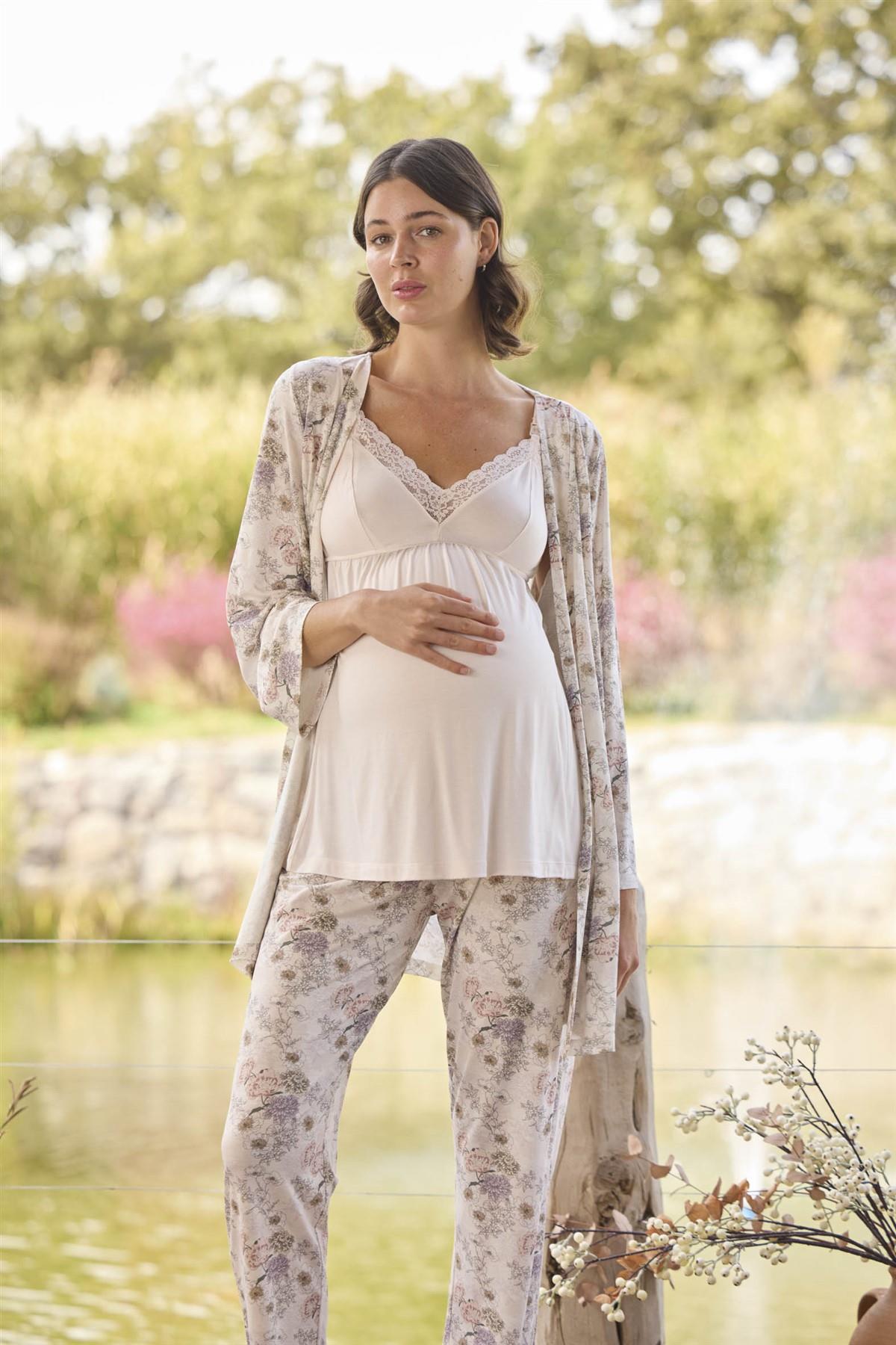 Çiçek Desenli Dantelli Hamile Lohusa 3lü Pijama Takımı