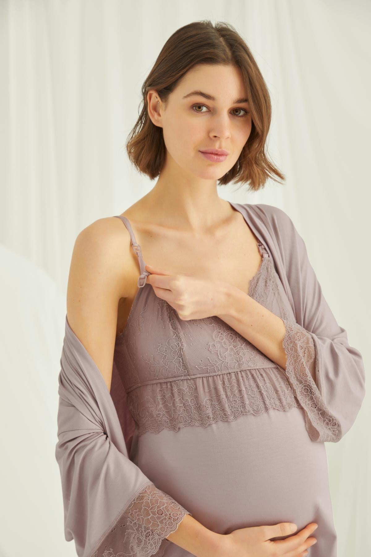 Dantelli Hamile Lohusa 3lü Pijama Takımı