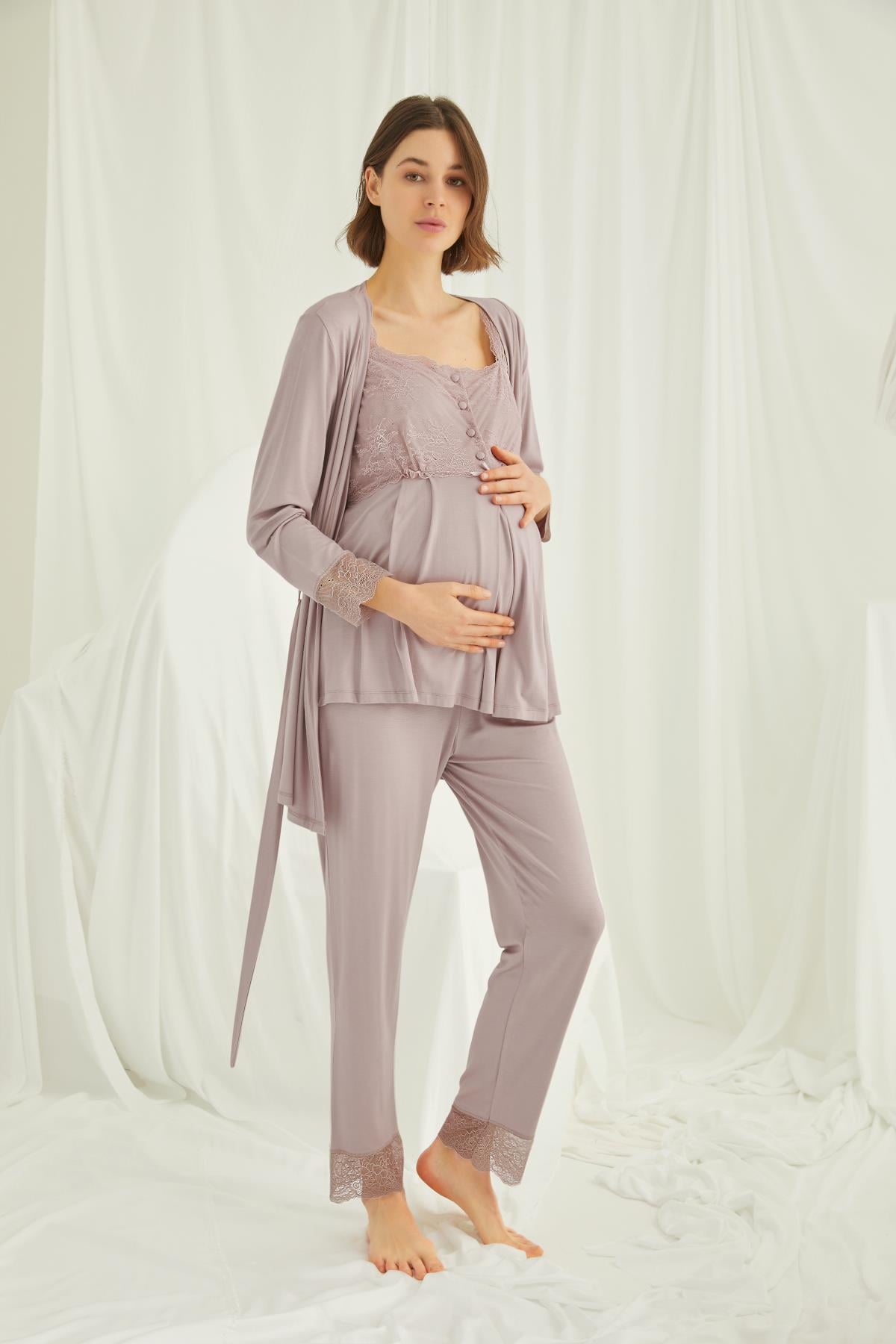 Dantelli Önü Düğmeli Hamile Lohusa 3lü Pijama Takımı