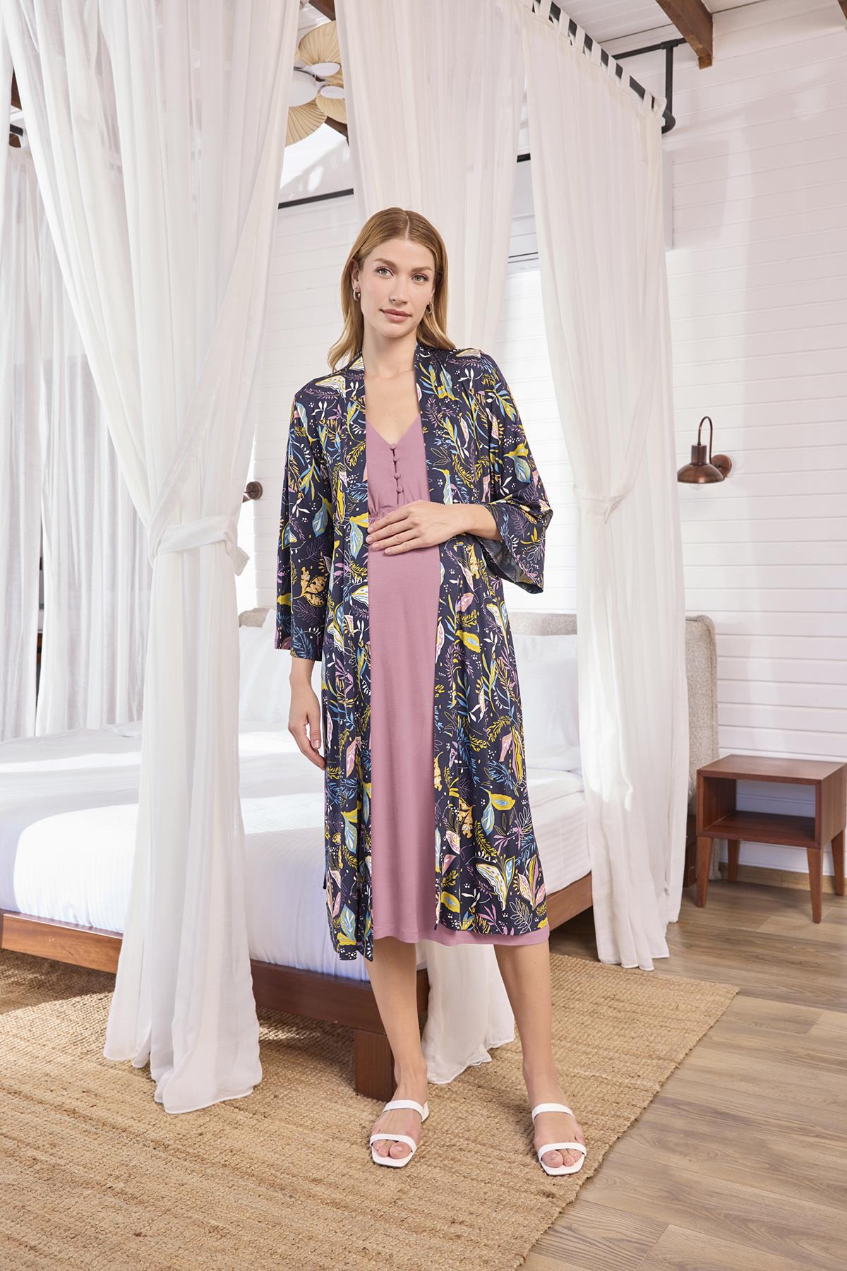 Yaprak Desenli ve Dantelli Hamile Lohusa Sabahlık Takımı