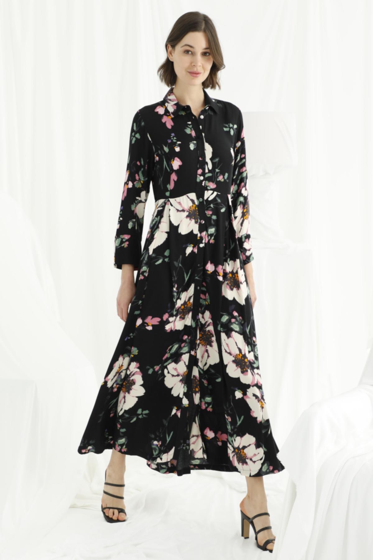 Çiçek ve Yaprak Desenli Önü Boydan Düğmeli Saten Elbise