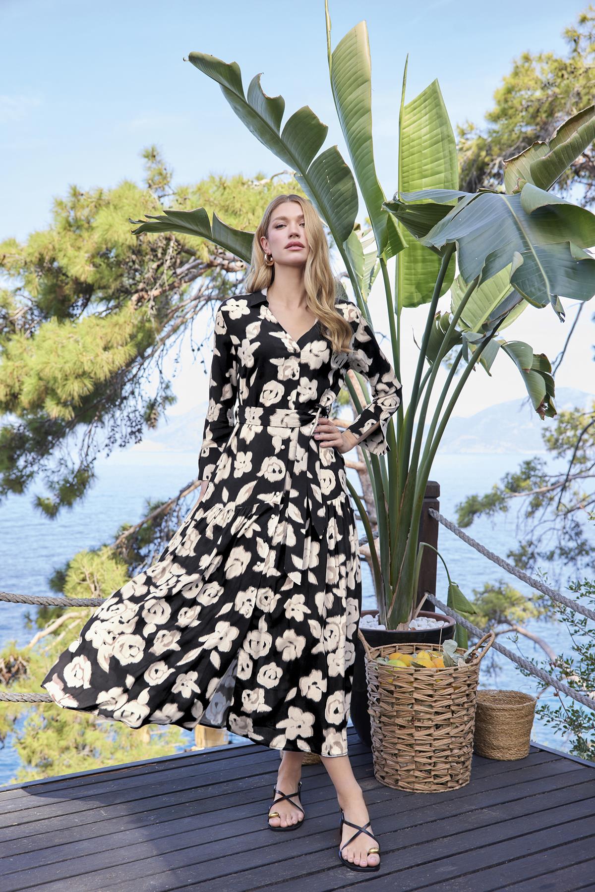 Desenli Önü Düğmeli Uzun Kollu Gömlek Yaka Elbise