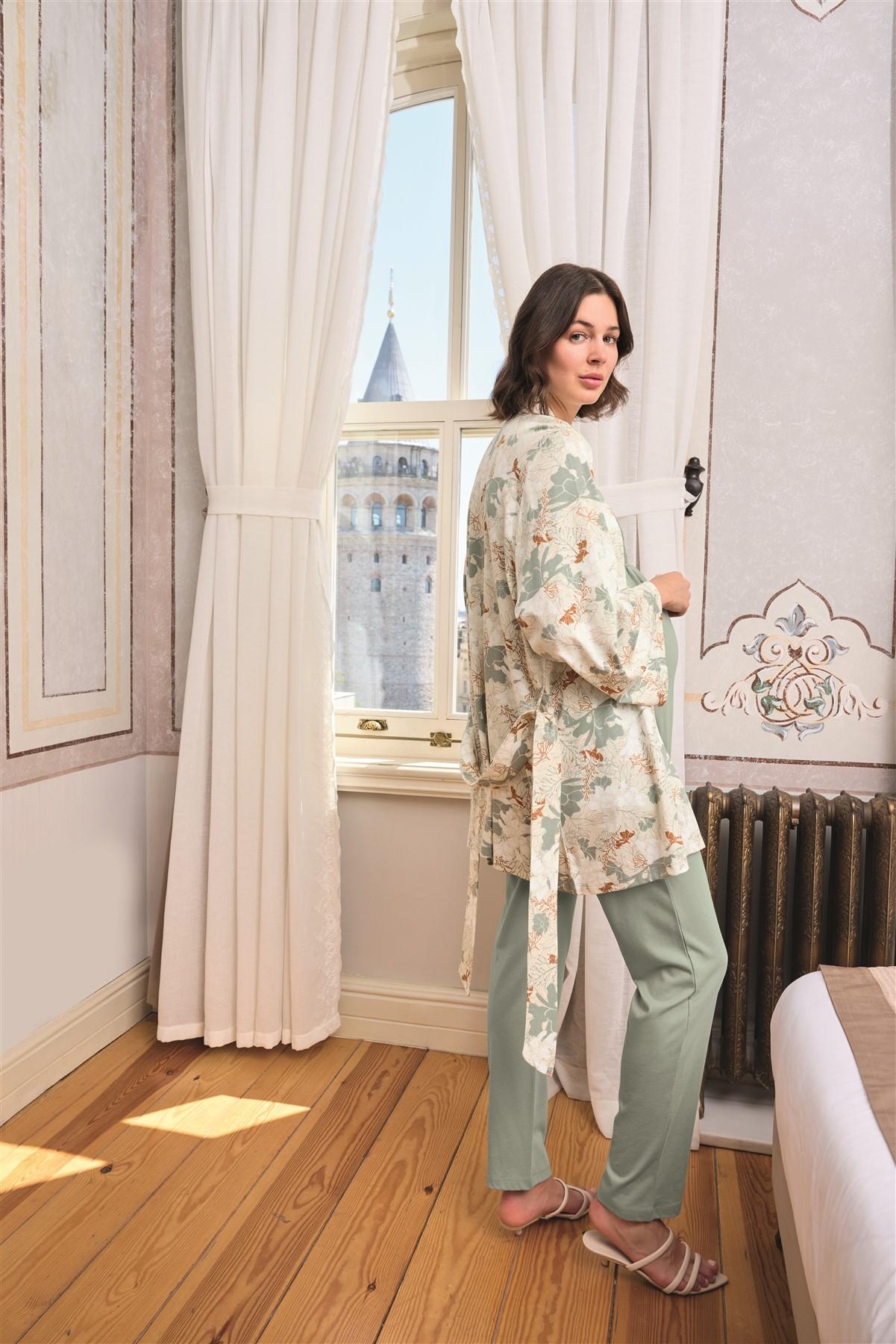 Çiçek ve Yaprak Desenli Dantelli Hamile Lohusa 3lü Pijama Takımı