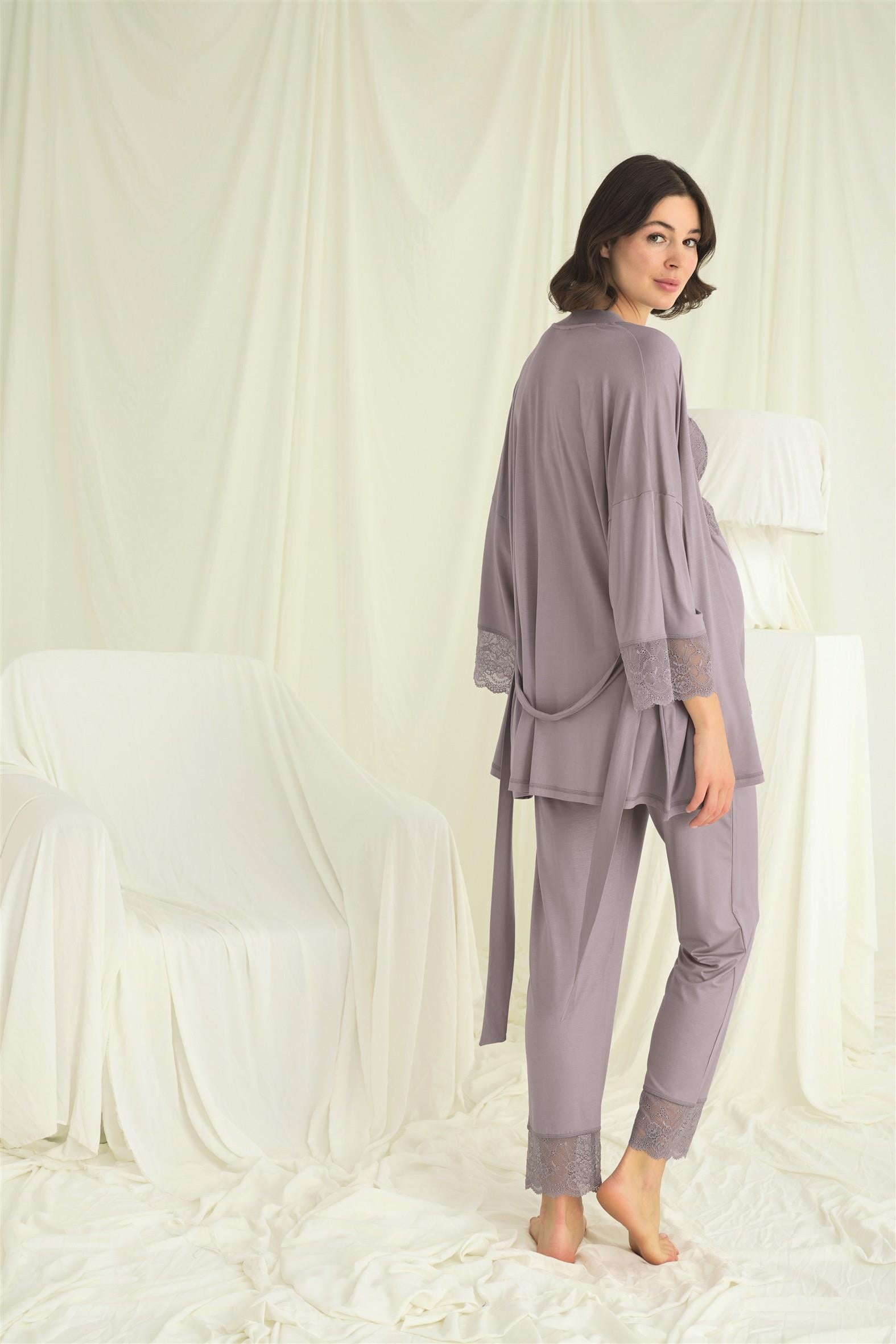 Dantelli Hamile Lohusa 3lü Pijama Takımı