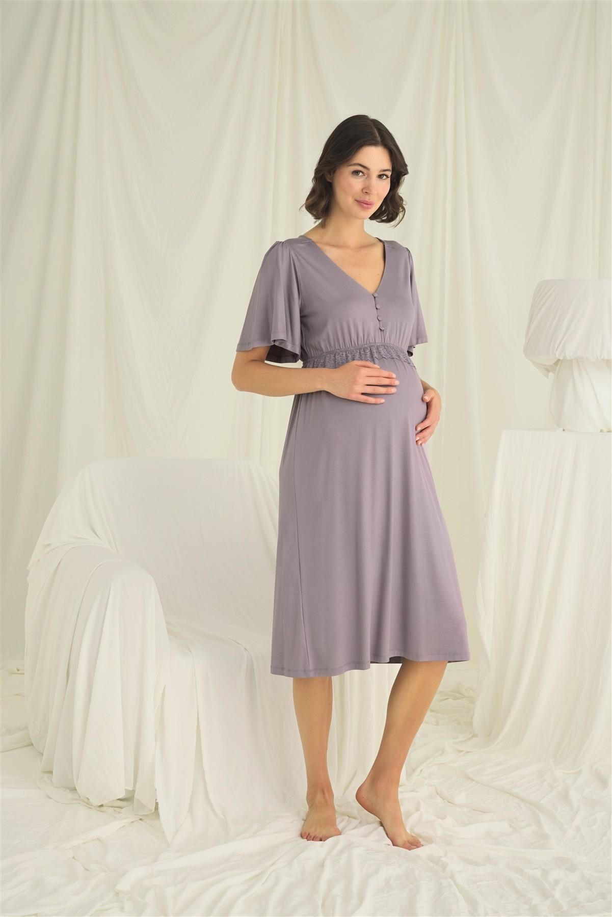 Dantelli Önü Düğmeli Hamile Lohusa Gecelik