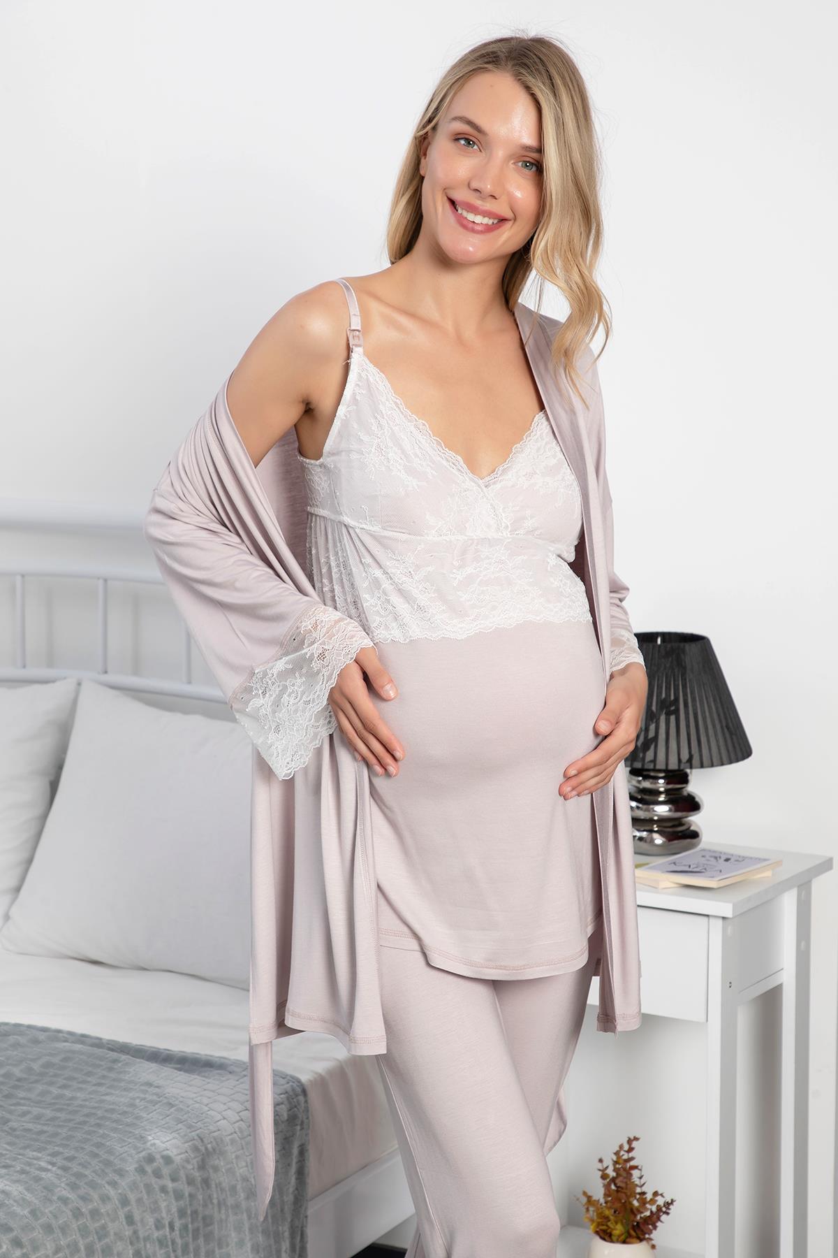 Dantelli Hamile Lohusa 3lü Pijama Takımı