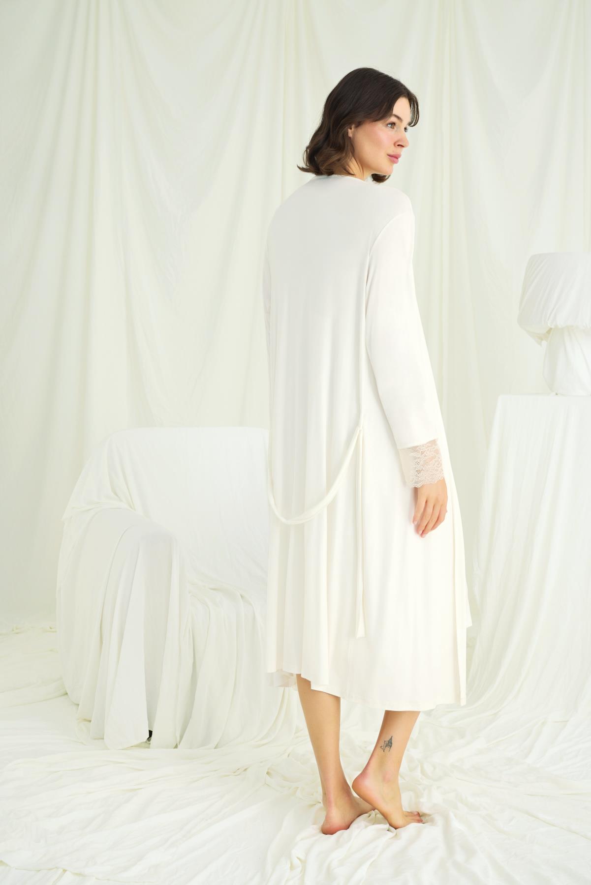 Dantelli Önü Düğmeli Hamile Lohusa Sabahlık Takımı