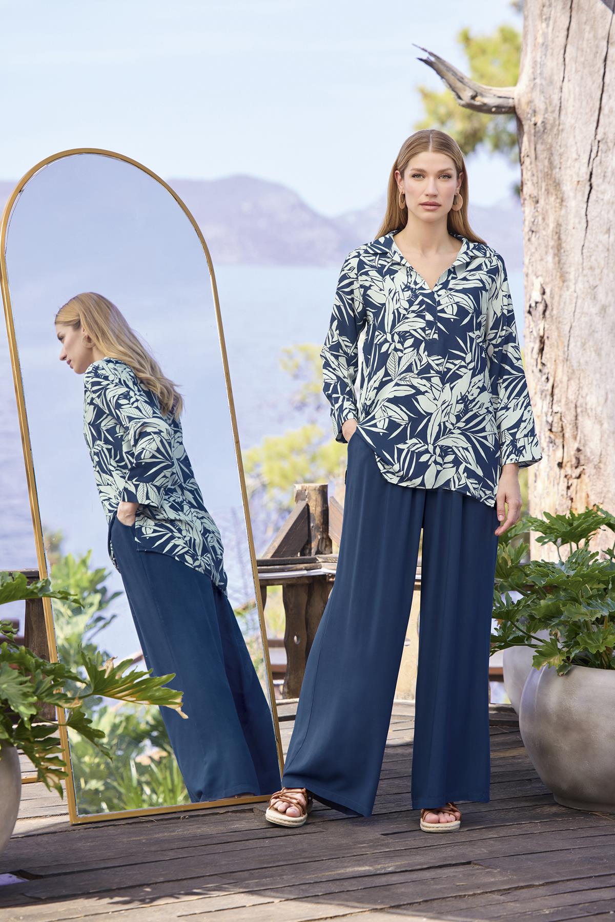 Yaprak Desenli Uzun Kollu Gömlek Yaka Alt Üst Takım