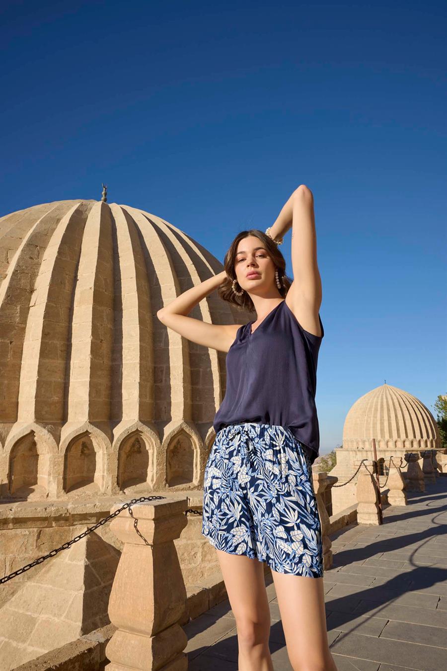 Yaprak Desenli Sıfır Kol Saten Alt Üst Takım