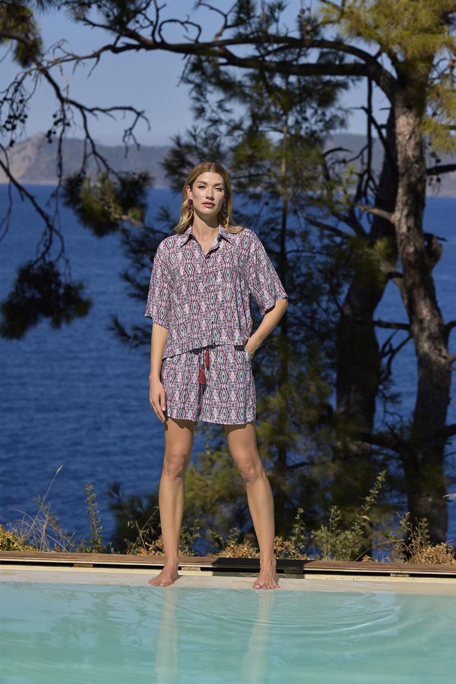 Etnik Desenli Önü Düğmeli Gömlek Yaka Alt Üst Takım