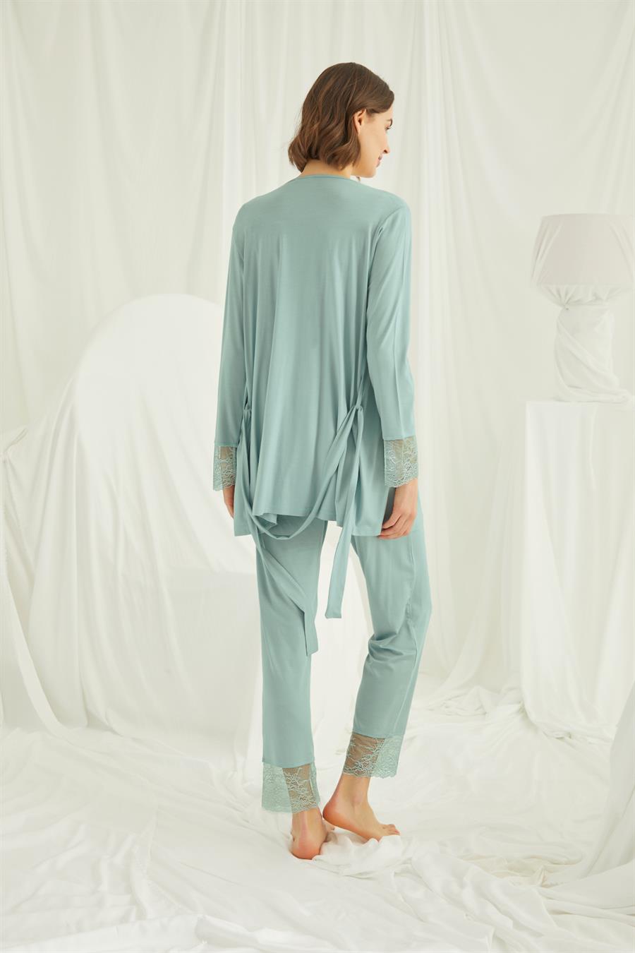 Dantelli Önü Düğmeli Hamile Lohusa 3lü Pijama Takımı