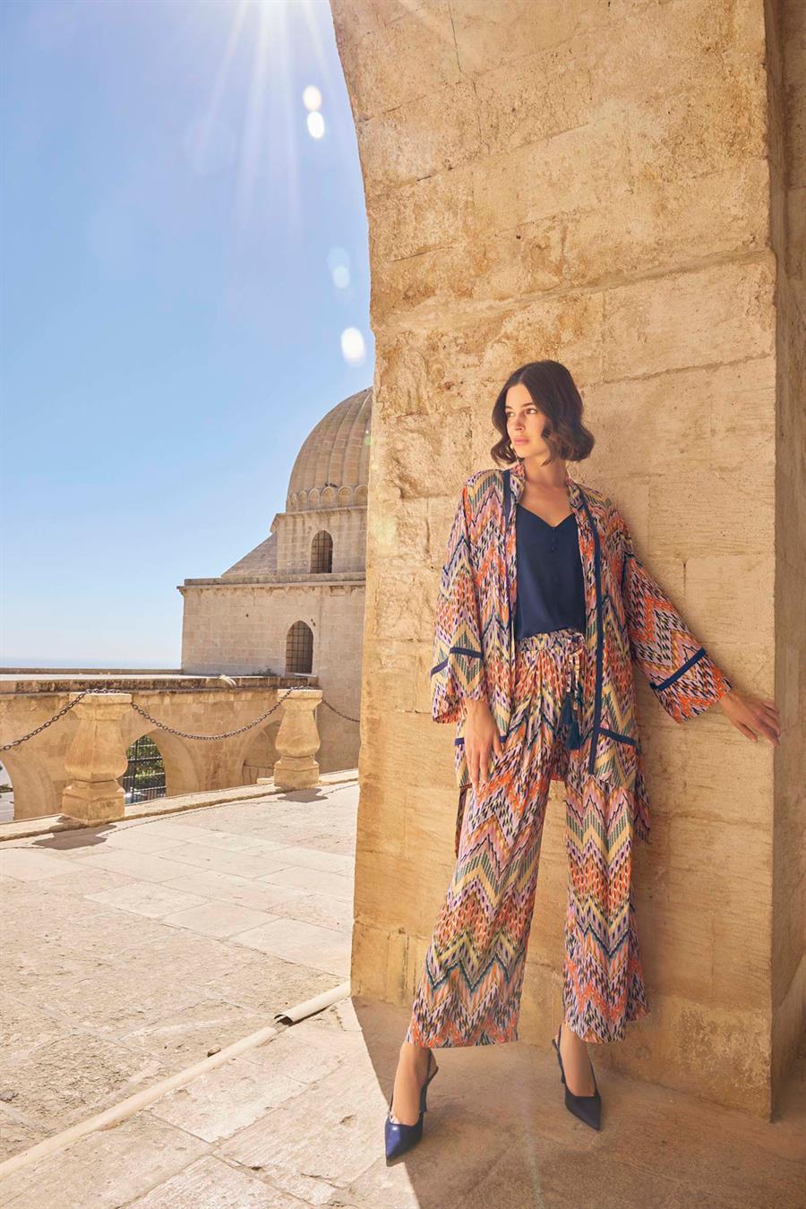 Etnik Desenli Sıfır Kol 3lü Alt Üst Takım