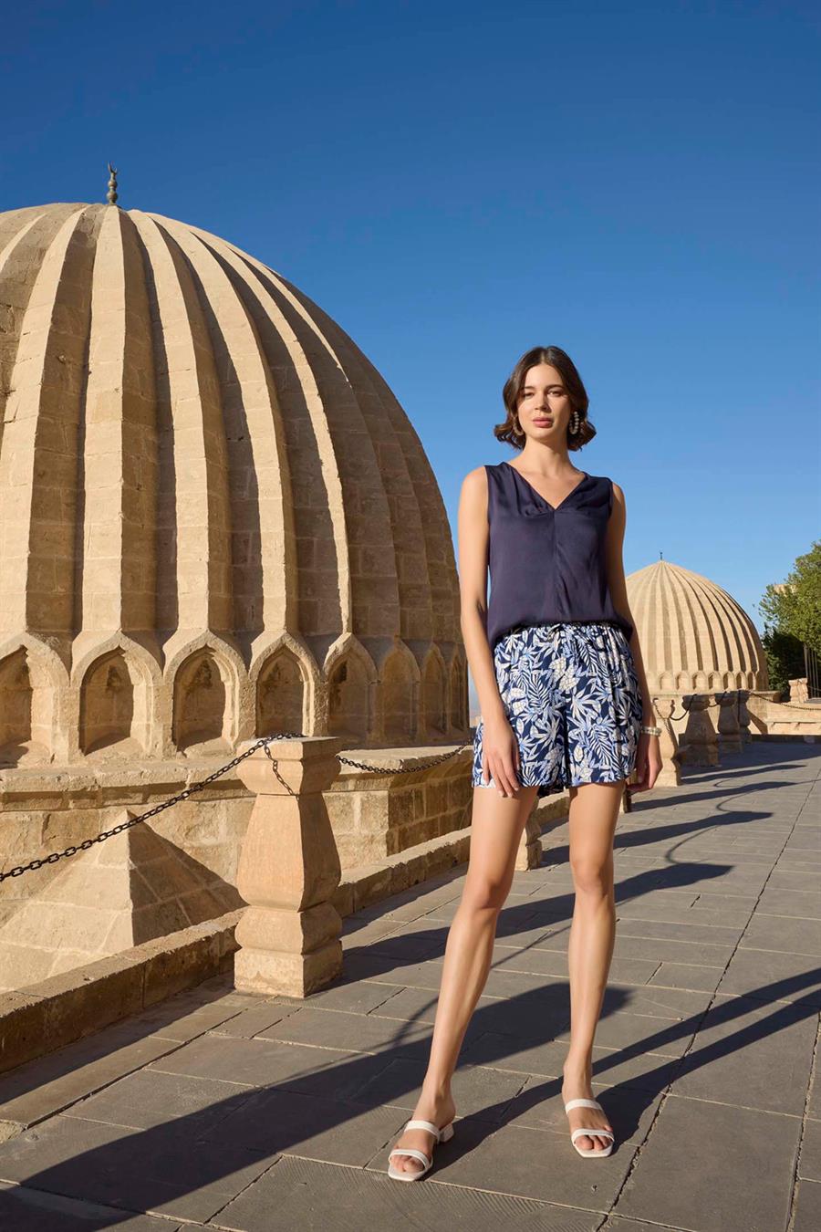 Yaprak Desenli Sıfır Kol Saten Alt Üst Takım