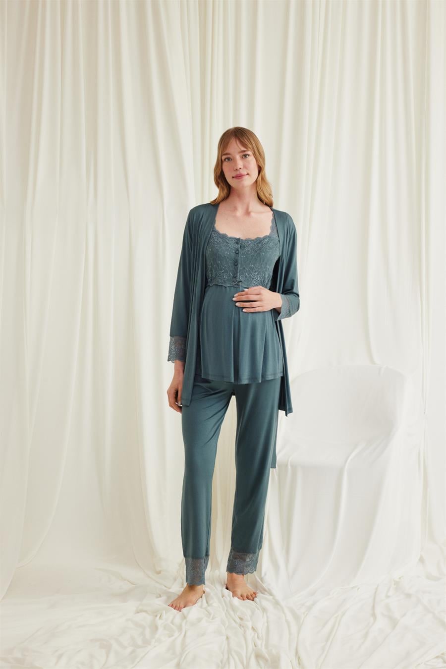 Dantelli Önü Düğmeli Hamile Lohusa 3lü Pijama Takımı