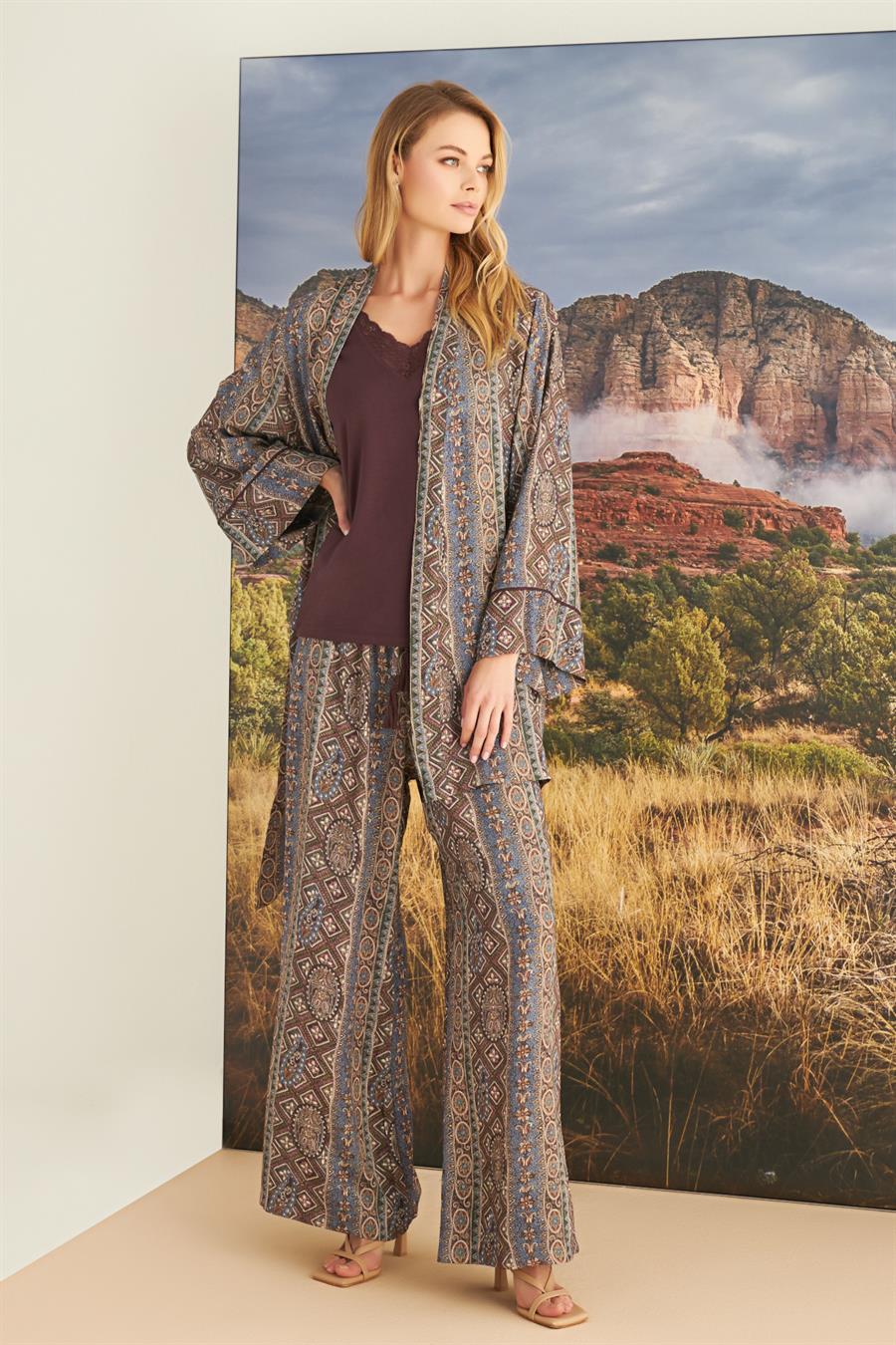 Etnik Desenli Dantelli 3lü Pijama Takımı