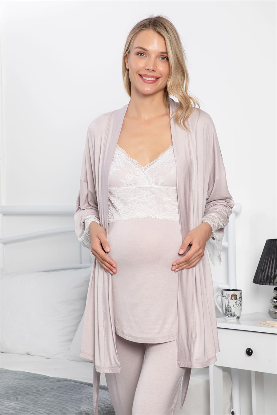 Dantelli Hamile Lohusa 3lü Pijama Takımı