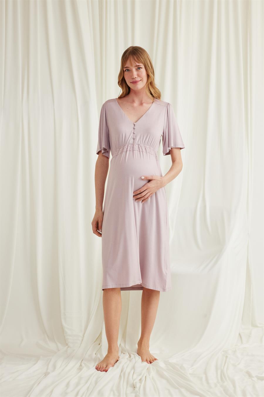 Dantelli Önü Düğmeli Hamile Lohusa Gecelik