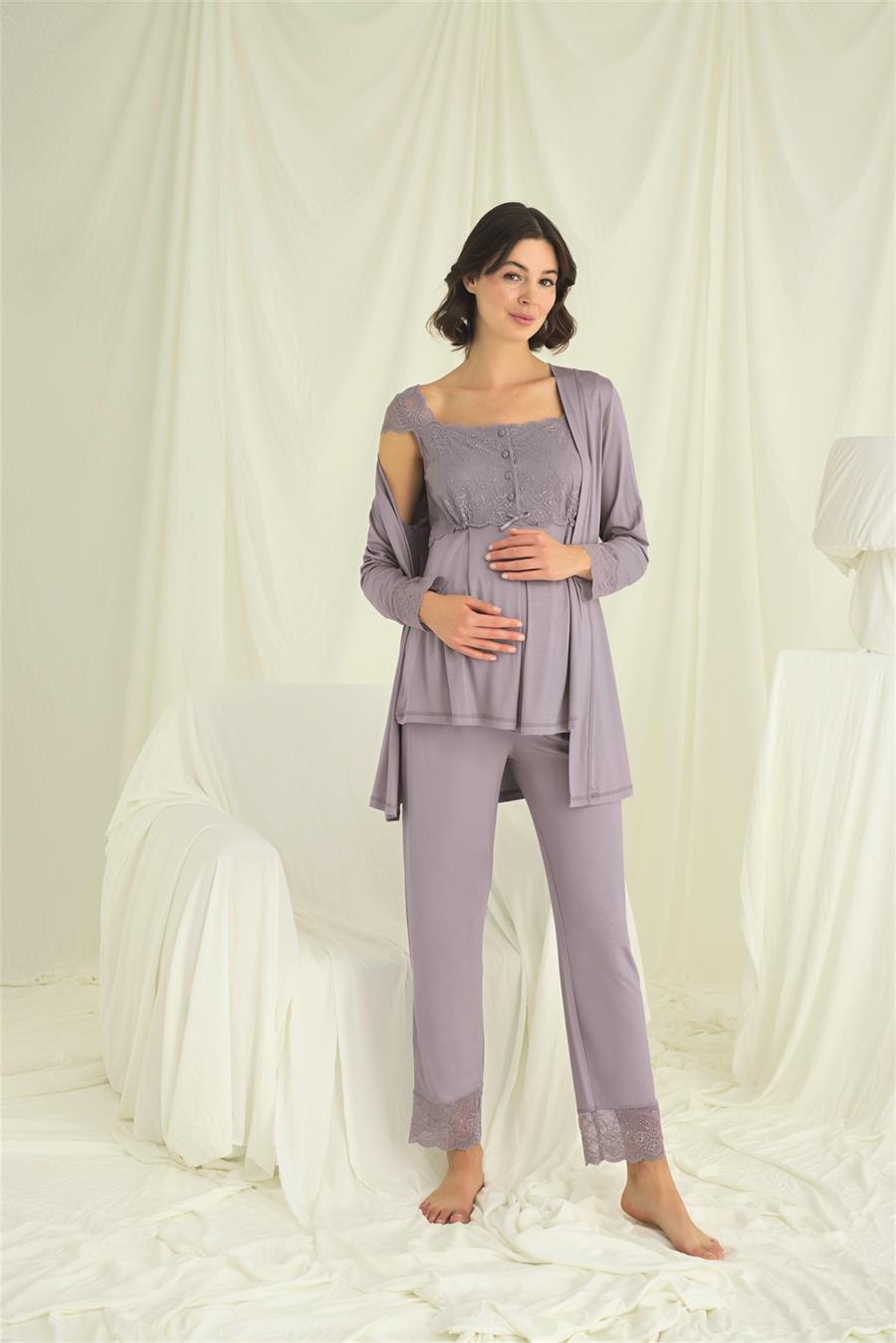 Dantelli Önü Düğmeli Hamile Lohusa 3lü Pijama Takımı