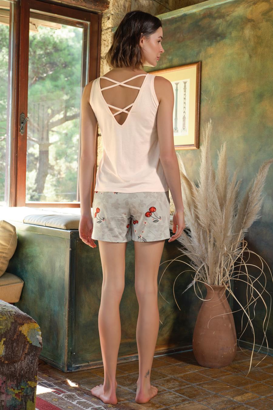 Kiraz Baskılı ve Desenli Sırt Dekolteli 