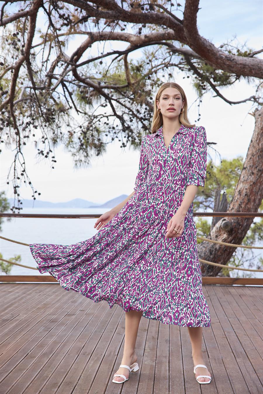 Desenli Truvakar Kollu Gömlek Yaka Elbise