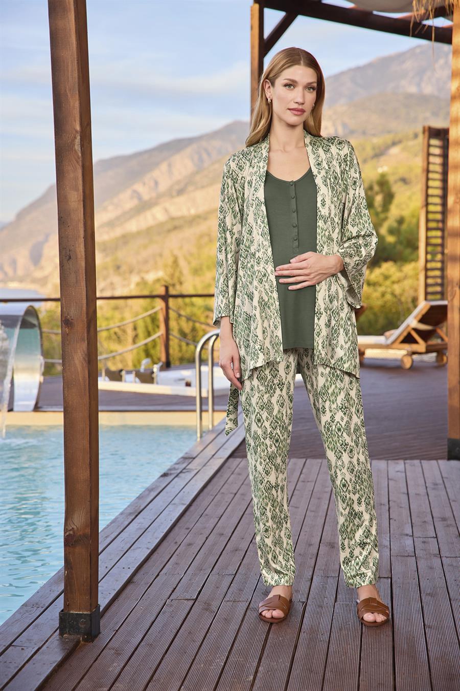 Etnik Desenli ve Dantelli Hamile Lohusa 3lü Pijama Takımı