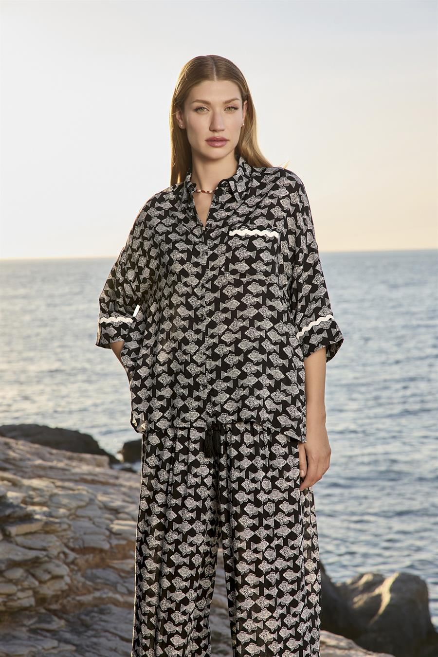 Balık Desenli Truvakar Kollu Gömlek Yaka Alt Üst Takım