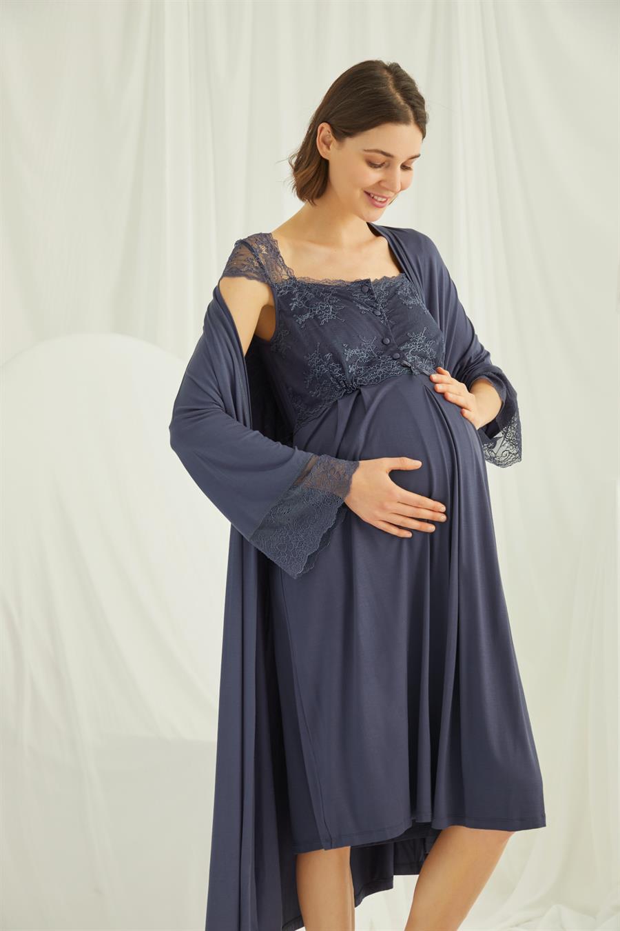 Dantelli Önü Düğmeli Hamile Lohusa Sabahlık Takımı