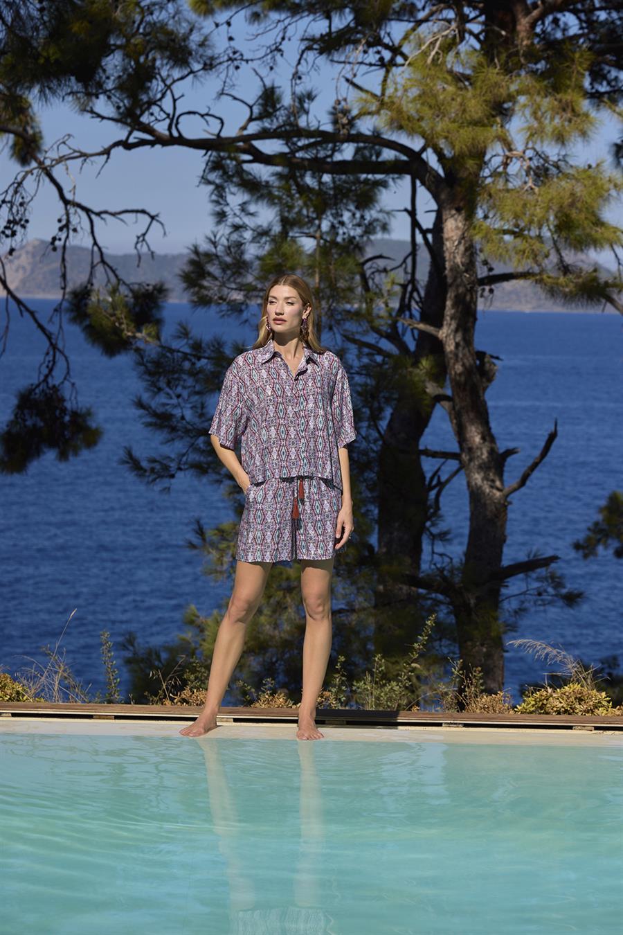 Etnik Desenli Önü Düğmeli Gömlek Yaka Alt Üst Takım