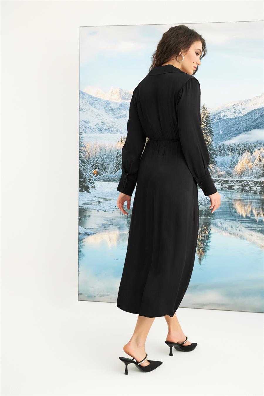 Uzun Kollu Saten Elbise