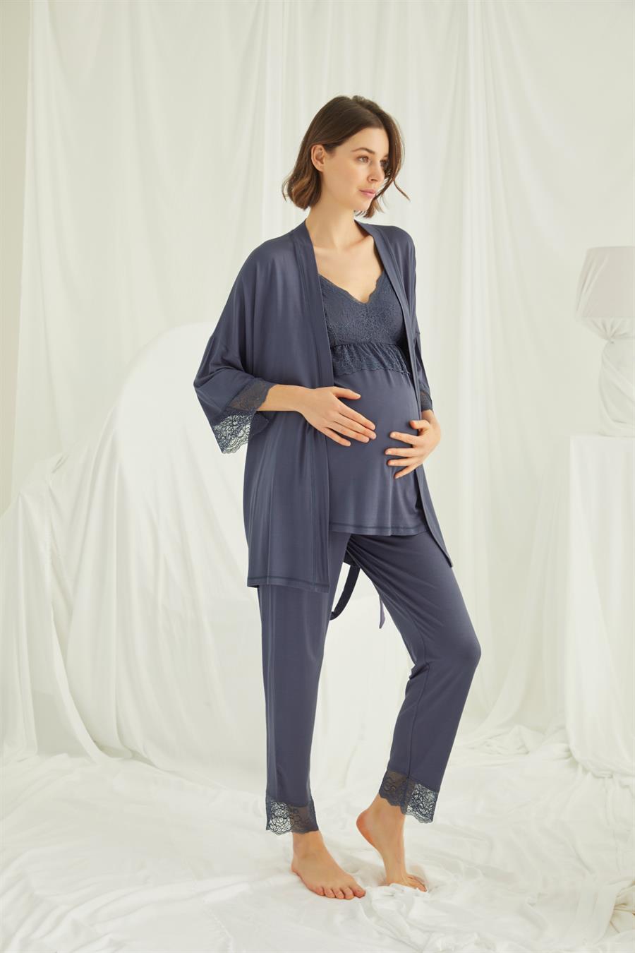 Dantelli Hamile Lohusa 3lü Pijama Takımı