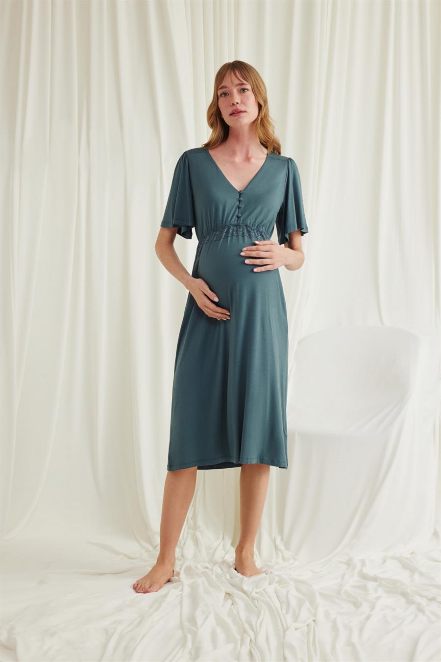 Dantelli Önü Düğmeli Hamile Lohusa Gecelik