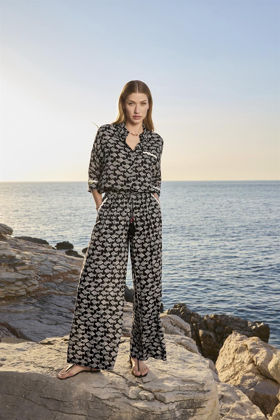 Balık Desenli Truvakar Kollu Gömlek Yaka Alt Üst Takım