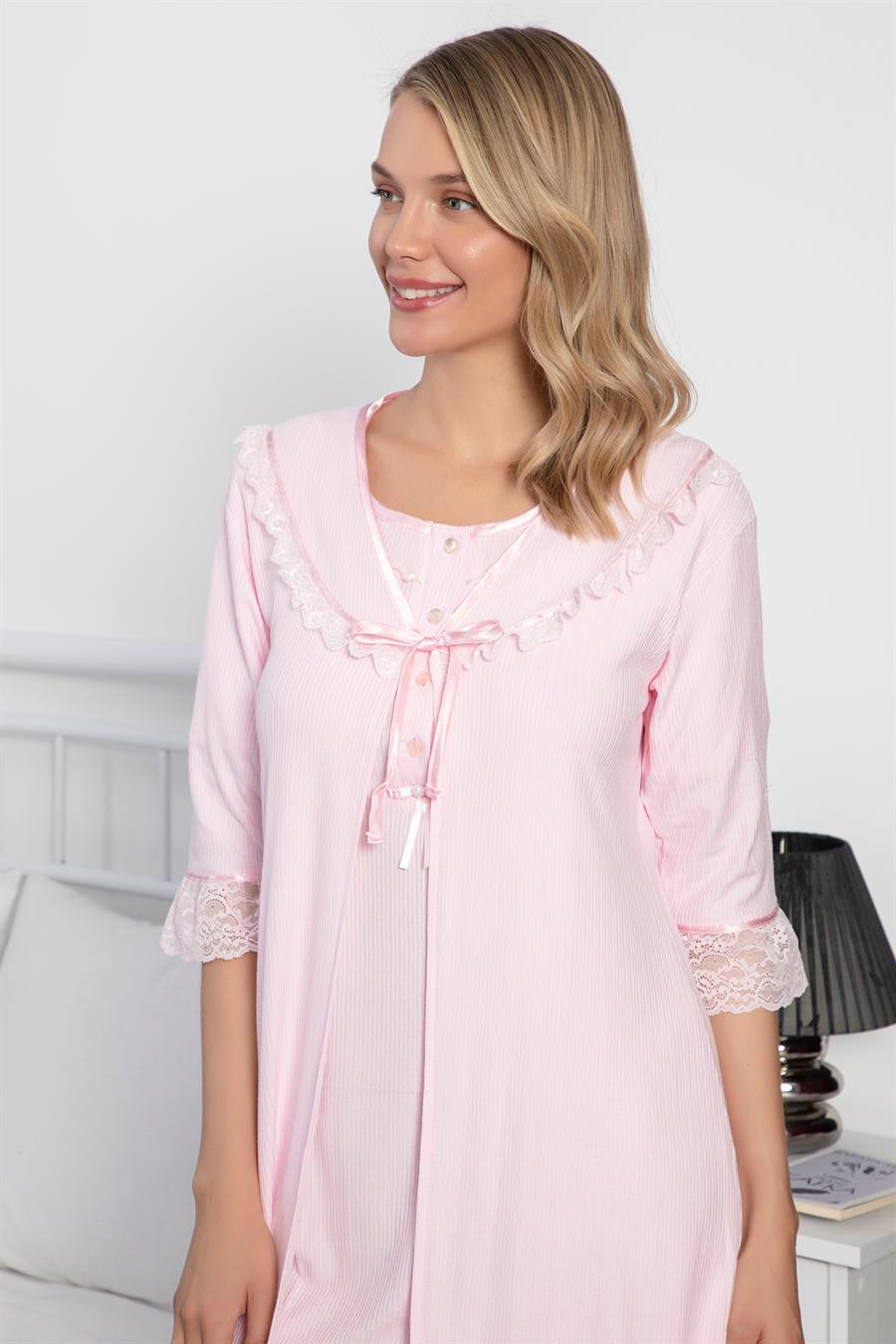Yakası ve Kol Ucu Dantelli Kurdele Detaylı Tek Sabahlık